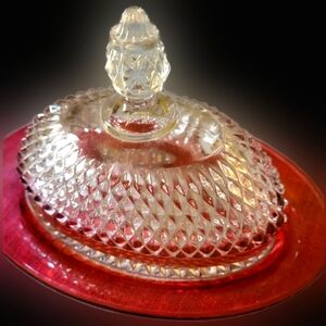 🎄Vintage Indiana Glass Butter Dish, 60s Ruby Flash/Cranberry glass diamondpoint